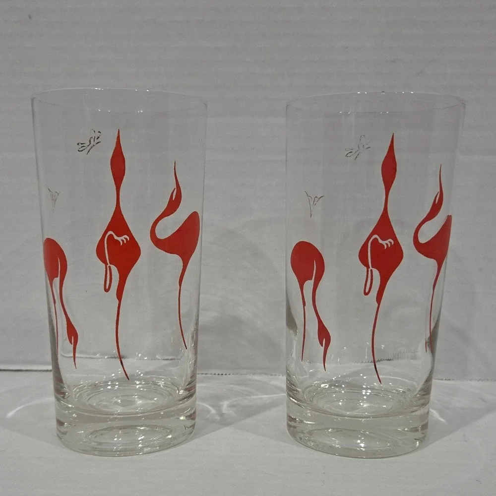 Vintage MCM Red Flamingo Collins Glasses Set of 2 Retro Barware 5.5 Inch Tall